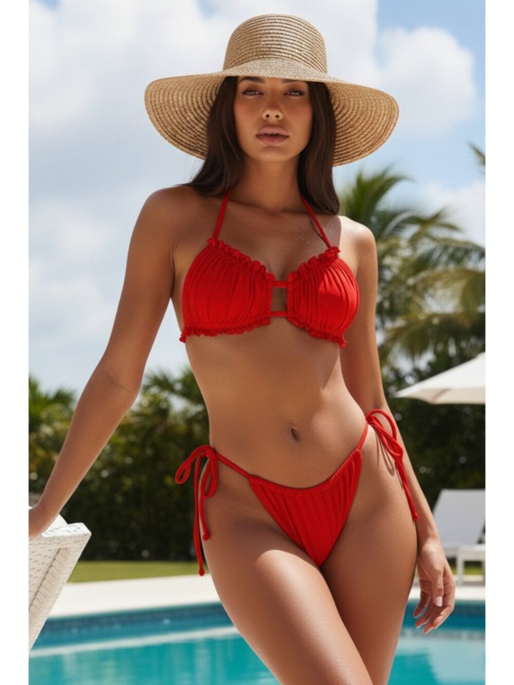 Ruffle Frill Halter Neck Top High-cut Tie G-string Bottom Matching Bikini Set